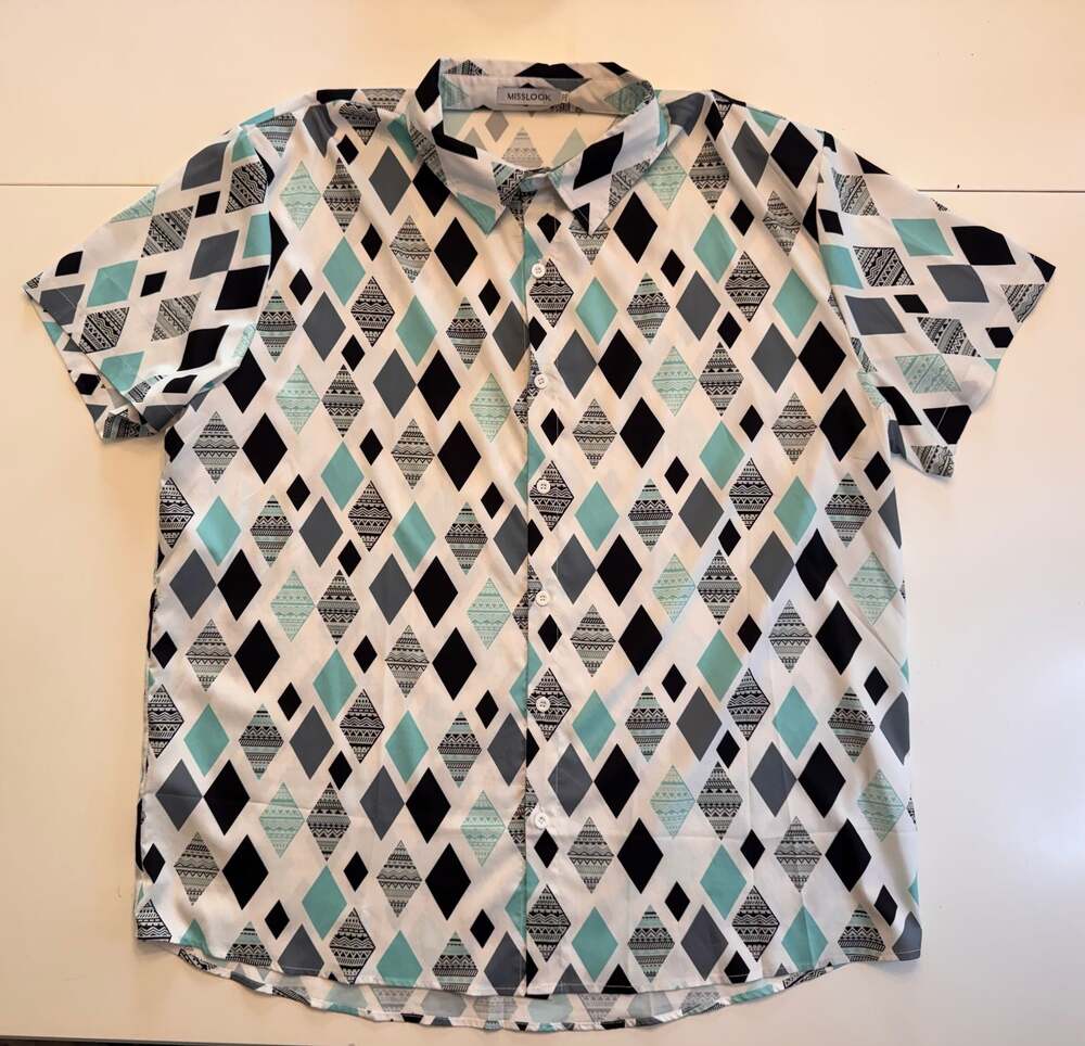 MISSLOOK Geometric Argyle Print Short Sleeve Button Up Casual Shirt 2XL